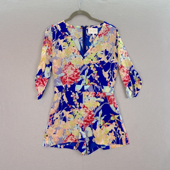 Yumi Kim - women’s 100% silk Liz Romper blue zean floral print 3/4 sleeve SZ XS - Picture 3 of 8